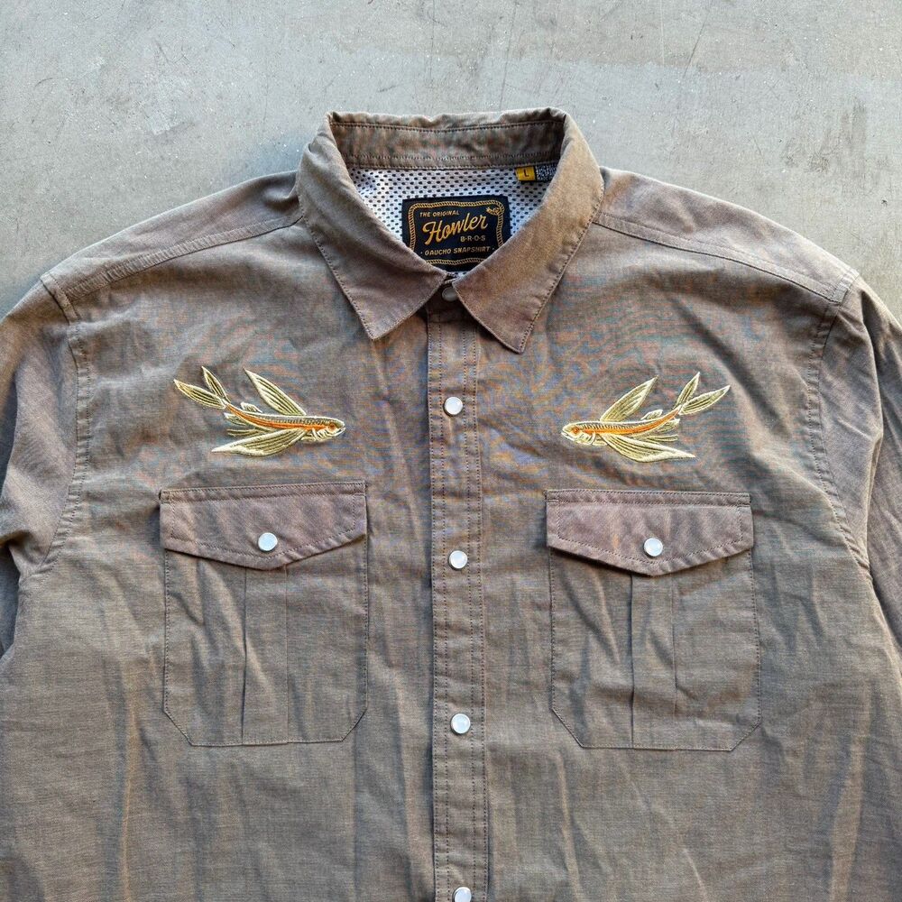 Howler Brothers Mens L Flying Fish Pearl Snap Button Shirt Western Brown RARE